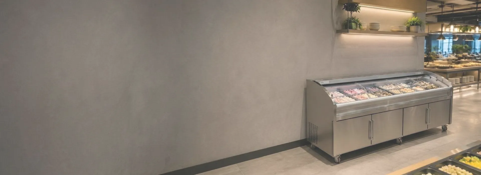 Commercial chest display freezer installed in a buffet restaurant food selection area