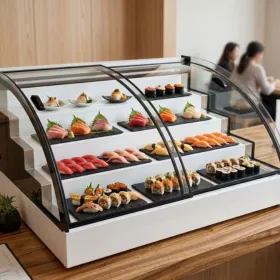 Countertop display refrigerator with tiered design for cold dishes and fresh food display