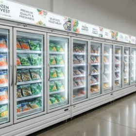 Multi-door commercial upright display freezers for supermarket frozen food sections and large retail environments