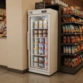 Space-saving vertical display freezer with glass door for convenience stores and small grocery stores