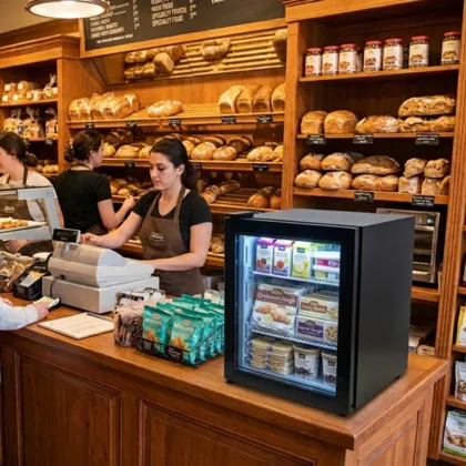 Countertop display freezer in a bakery setting for showcasing specialty frozen cakes, gourmet desserts, and frozen fruits.
