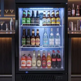 Countertop display refrigerator on a cafe bar counter for desserts and chilled beverages