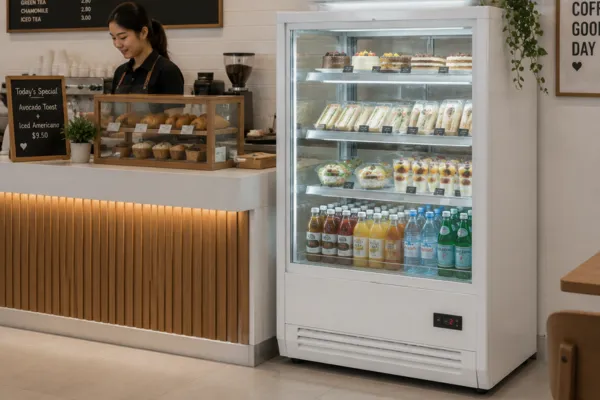Cafe display refrigerator for drinks cakes and food service applications
