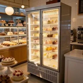 Glass door display refrigerator showcasing cakes and desserts in a bakery shop