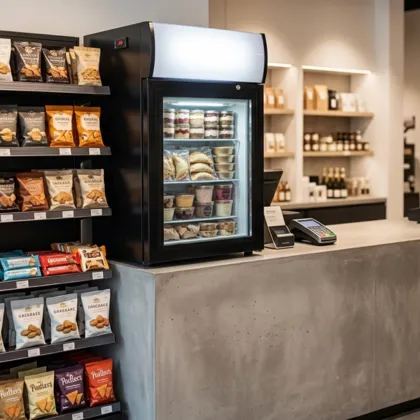 Commercial countertop freezer for convenience stores used at checkout counters to display frozen snacks and ice cream bars.