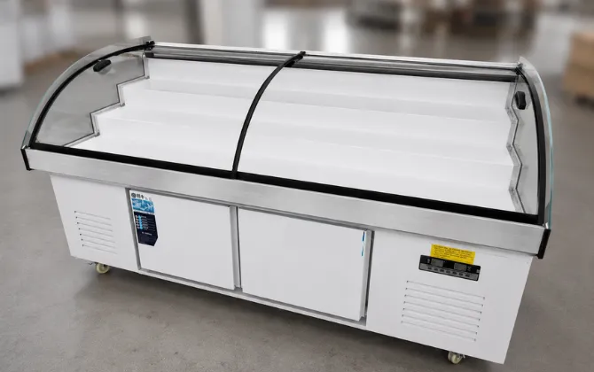 Xuefumei custom commercial chest freezer featuring a white tiered interior display and curved transparent glass lids for enhanced frozen product visibility.