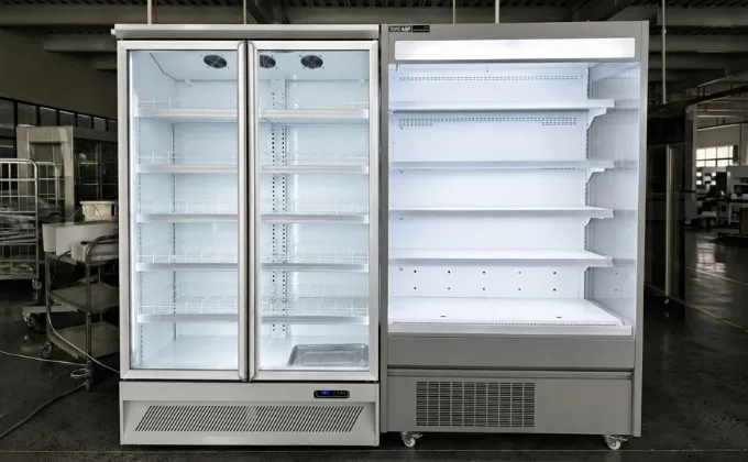 Xuefumei commercial display refrigerators undergoing final quality control and lighting performance tests before delivery.