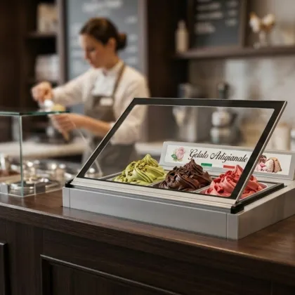 A compact countertop gelato display freezer placed on a cafe counter to easily add frozen desserts to the menu.