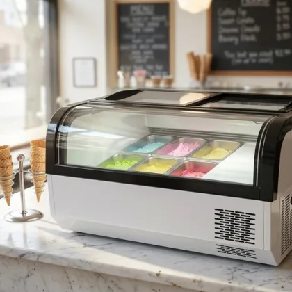 Xuefumei countertop ice cream display freezer featuring 6, 8, or 10 barrel options for frozen dessert shops.