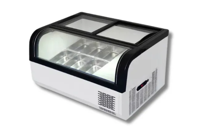 Xuefumei custom countertop gelato display freezer featuring a curved glass lid and internal stainless steel pans for ice cream presentation.