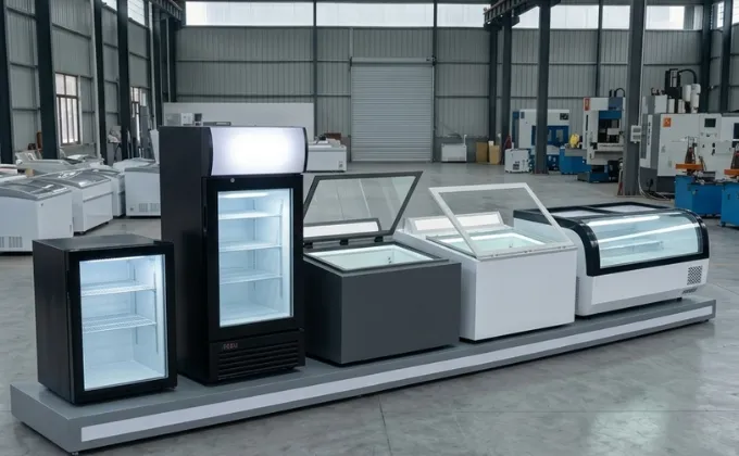 Warehouse inventory showcasing diverse countertop display freezer models from 50L to 240L for international distributors.