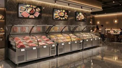 Self-service ingredient selection freezer in a luxury hot pot restaurant, featuring top display for beef rolls and bottom storage for quick restocking.