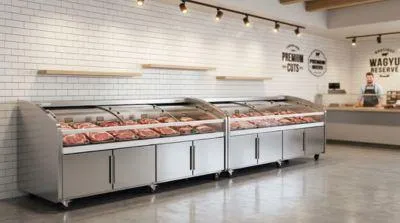 Professional meat display freezer in a high-end gourmet butcher shop, showcasing premium steaks and seafood in a hygienic stainless steel cabinet.