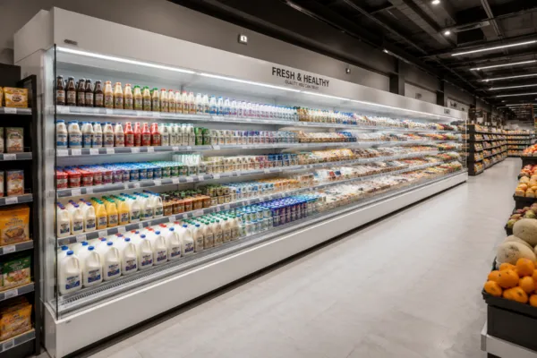 Supermarket commercial display refrigerator for refrigerated product display
