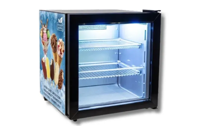 Custom vertical countertop display freezer with side-wall branding stickers and a transparent glass door for retail frozen snacks.