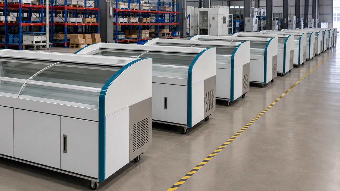 A long row of Xuefumei chest display freezers on the factory production line undergoing systematic quality control and refrigeration testing before delivery. A long row of Xuefumei chest display freezers on the factory production line undergoing systematic quality control and refrigeration testing before delivery.