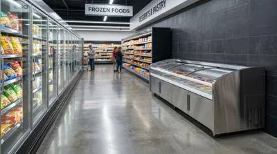 A row of commercial stainless steel chest display freezers in a modern supermarket frozen food aisle, showcasing organized storage for packaged frozen meals and dumplings.