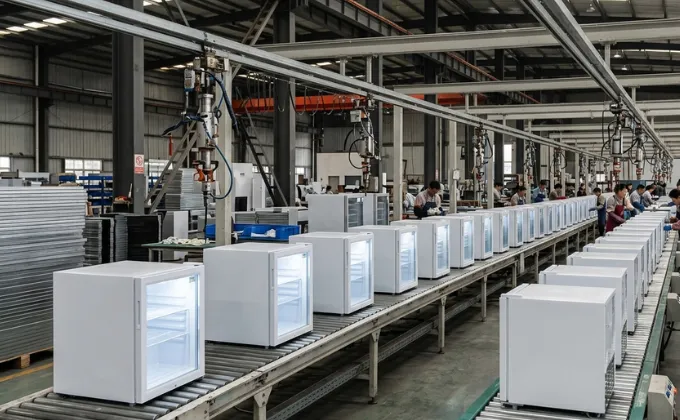 Production and assembly line of commercial countertop display freezers at the Xuefumei factory.