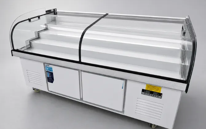 A large capacity commercial display freezer with stainless steel accents and bottom storage doors, highlighting durable construction customizable for different store images.