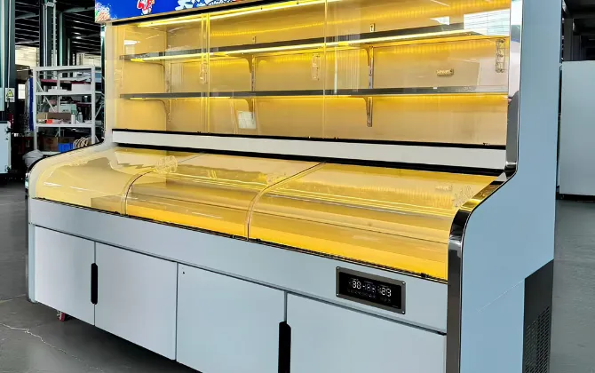 Customized multi-temperature display freezer featuring a branded blue lightbox and warm interior LED lighting for enhanced food presentation.