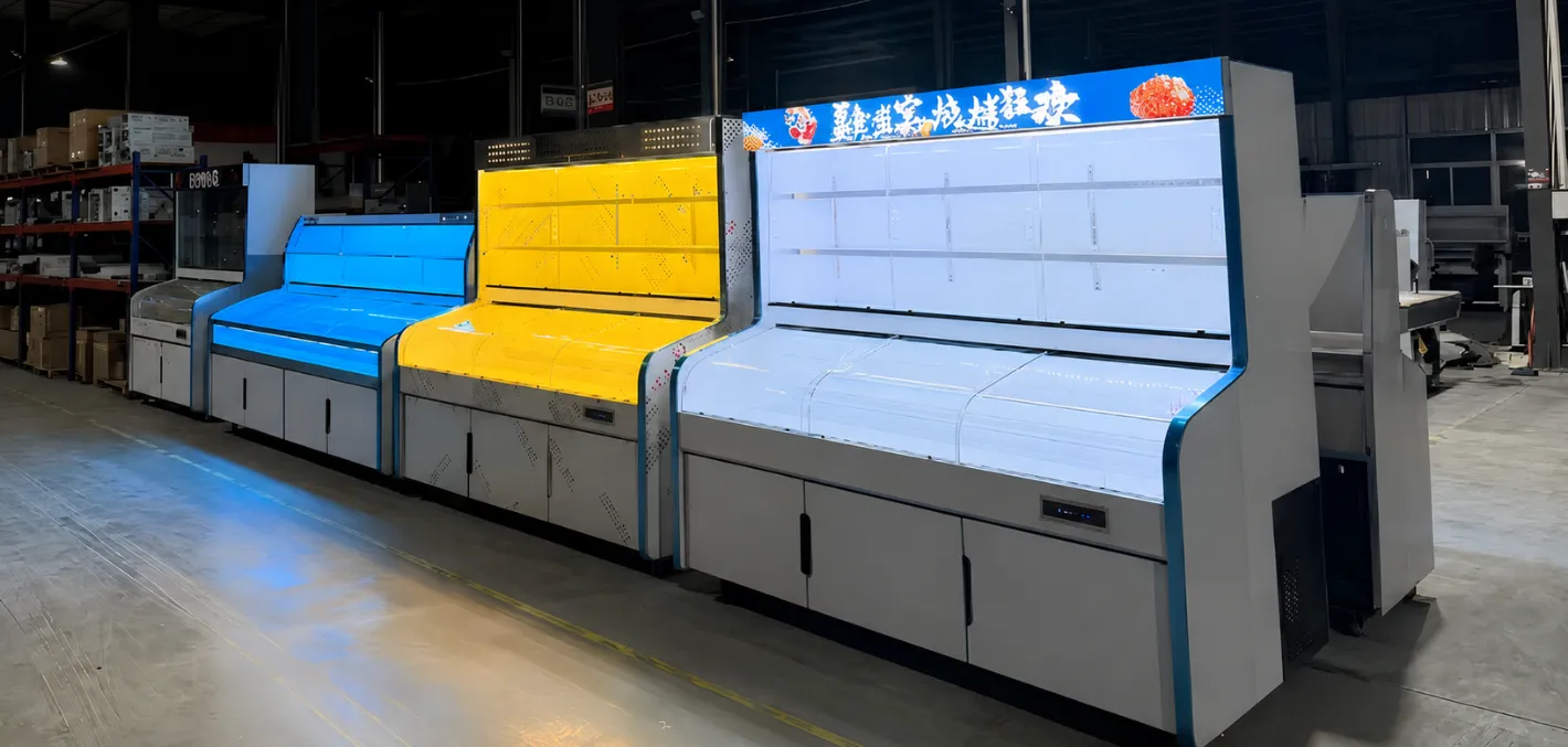 Different color and design options for commercial combi freezers, including custom blue and yellow exteriors with branded lightboxes.