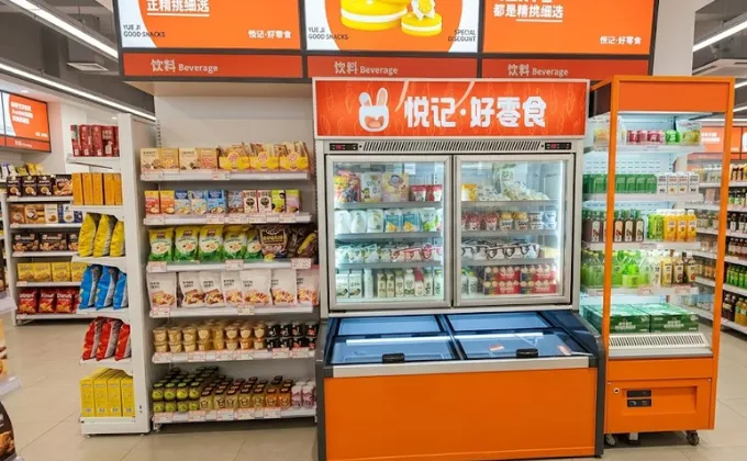Customized orange combi freezer for a snack specialty store, organizing beverages and frozen snacks in one compact unit.
