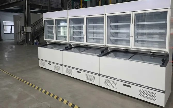 Multiple commercial combi freezer units lined up for a supermarket project, demonstrating consistent design for chain store branding.