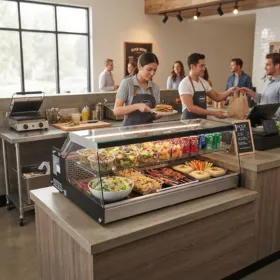 Horizontal commercial countertop food display refrigerator in a busy restaurant service area, showing salads and prepared cold dishes.