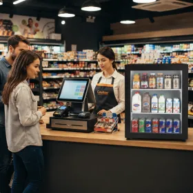 A black countertop beverage display refrigerator at a convenience store checkout counter, showcasing bottled drinks and milk to customers.