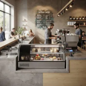 Modern cafe counter featuring a curved glass countertop refrigerated display case with macarons and small desserts near a coffee machine.