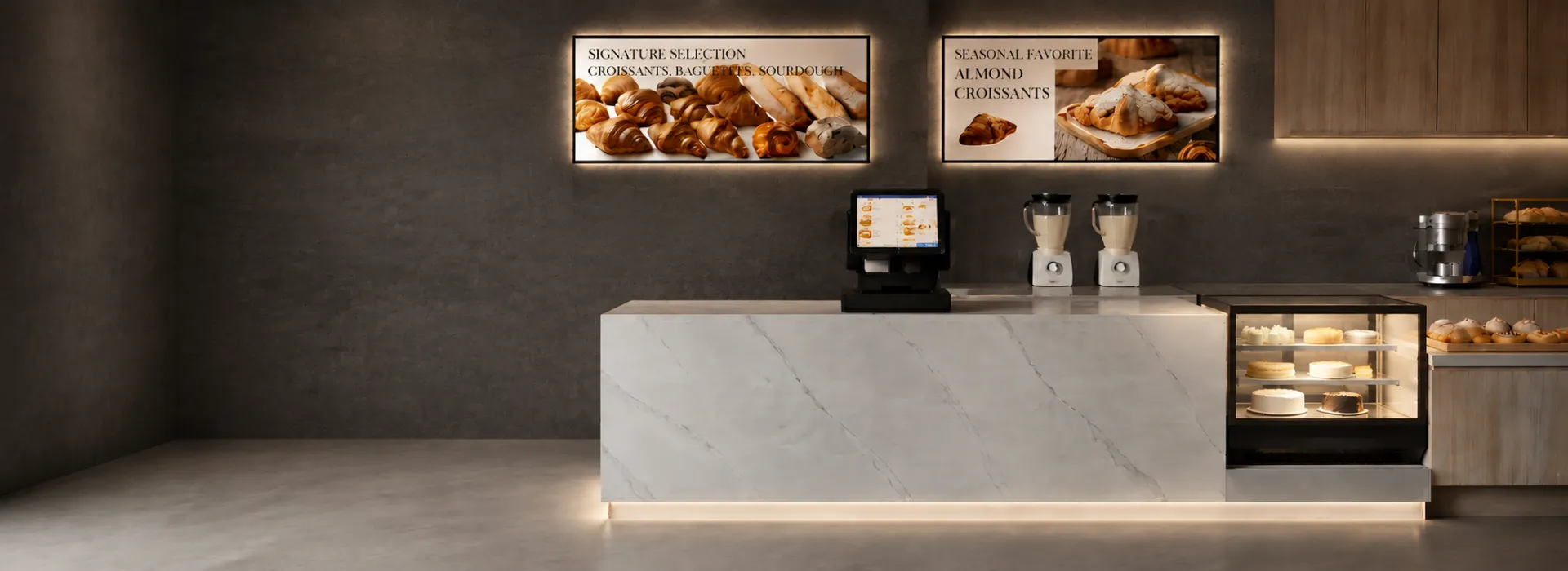 Xuefumei commercial countertop display refrigerator with glass panels showing cakes in a professional bakery counter setup.