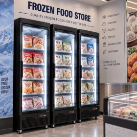 Commercial glass door freezer displaying frozen chicken, fries, dumplings and prepared foods in a frozen food store