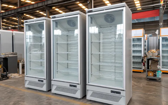 Commercial glass door freezer with customizable cabinet finish, branding and configuration options