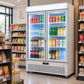 Commercial glass door refrigerator displaying drinks in a retail store
