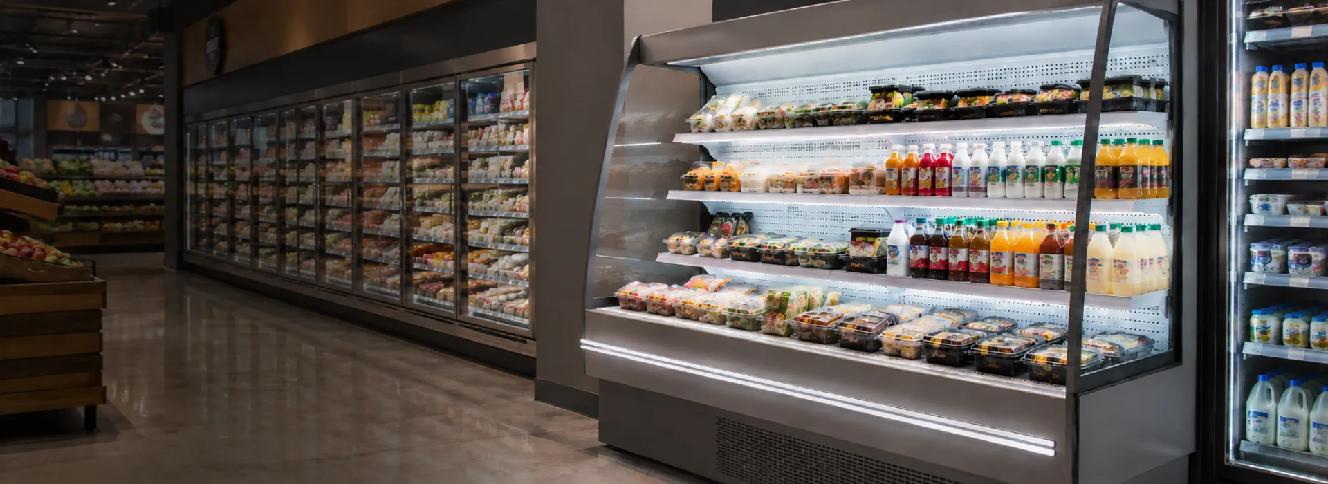 Commercial open air merchandiser for supermarket fresh food and beverage display