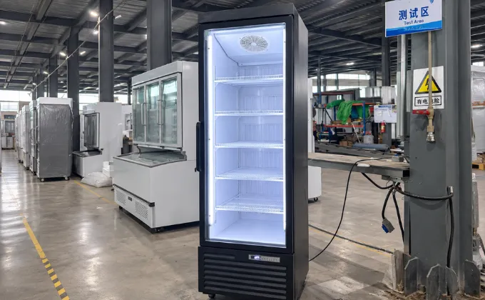 Commercial single door glass freezer powered on for inspection in the factory test area
