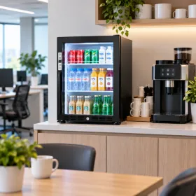 Compact glass door refrigerator on a countertop in an office