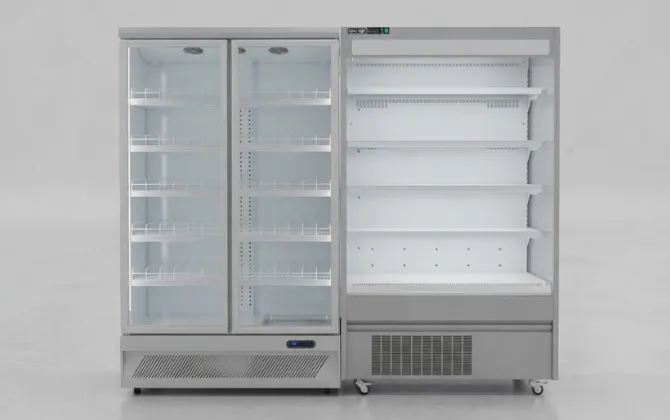 Flexible open air merchandiser configuration with open and glass door displays