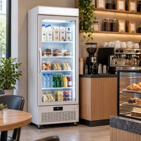 Glass door refrigerator for milk desserts and cafe ingredients