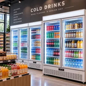 Multiple glass door beverage refrigerators in a large drink store