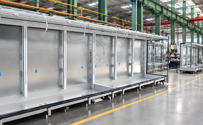 Open air merchandiser cabinet assembly in our commercial refrigeration factory