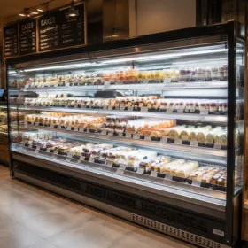 Open air merchandiser displaying cakes, pastries, and chilled foods in a bakery
