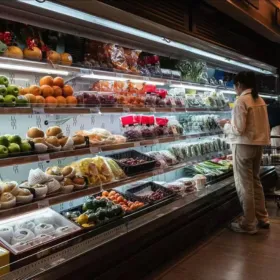 Open air merchandiser displaying fresh fruits and vegetables in a produce shop