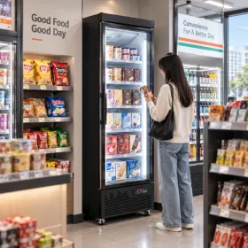 Single door display freezer stocked with frozen snacks and packaged foods in a convenience store