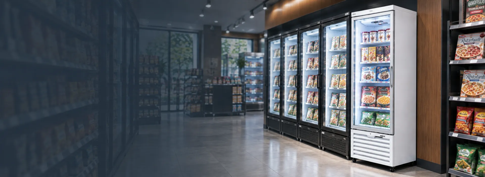 Single door glass freezer displaying packaged frozen foods in a commercial retail store