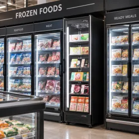 Single door glass freezer displaying packaged frozen meat, seafood and ready meals in a supermarket