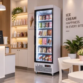 Single door glass freezer stocked with packaged ice cream and frozen desserts in an ice cream shop
