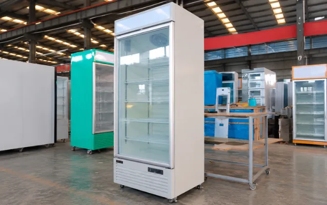 Single door glass freezers in the factory prepared for commercial customization projects