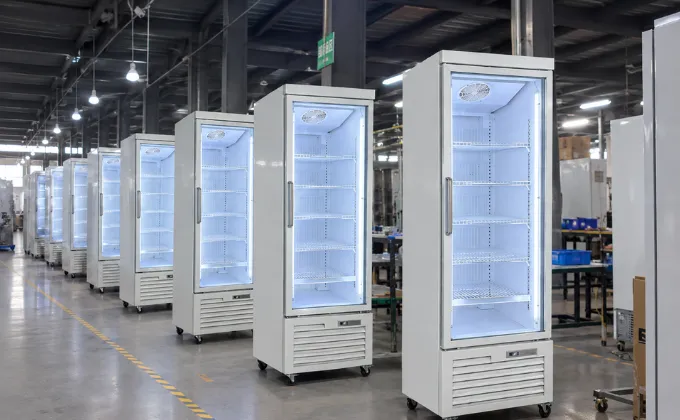 Single door glass freezers on the commercial freezer production line