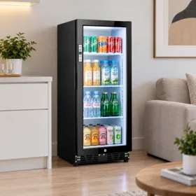 Small glass door fridge for drinks in a home entertainment space